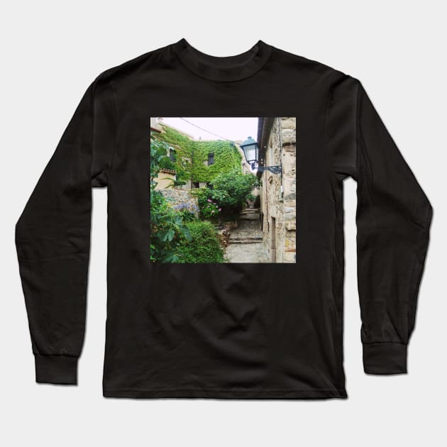 View of the charming Spanish streets Spain sightseeing trip photography from city scape Barcelona Blanes Malgrat del Mar Santa Susuana Long Sleeve T-Shirt by BoogieCreates